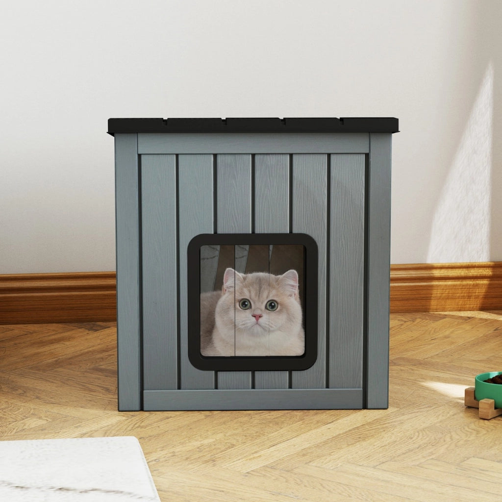 Cuccia rifugio isolato per interni ed esterni con 2 porte in pvc e tetto inclinato, Cuccia per animali domestici per gatti Grigio