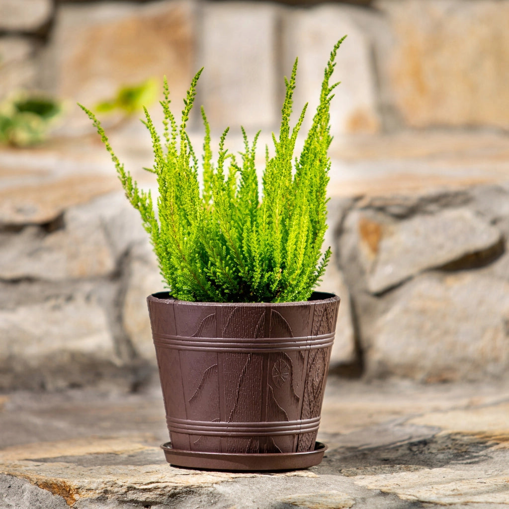Vaso da fiori KADAX da 26 cm con coperchio effetto legno e supporto in plastica.