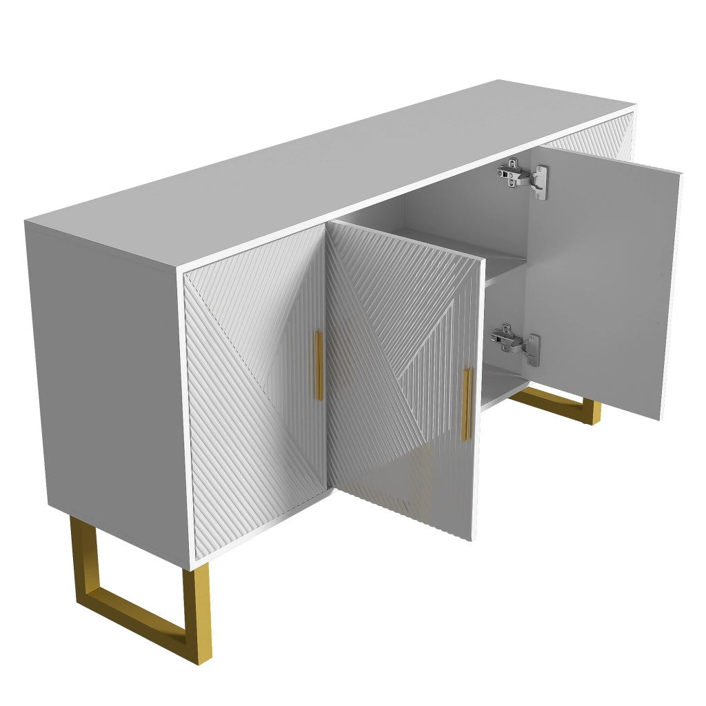 OKWISH Madia con 4 Ante e Ripiani Regolabili, Frontali Lucidi con Texture, per Soggiorno, MDF, Bianco, 150 x 40 x 82 cm