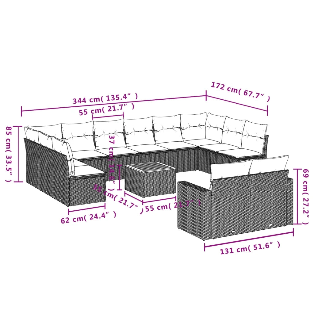 Set Divano da Giardino 13 pz con Cuscini Beige in Polyrattan