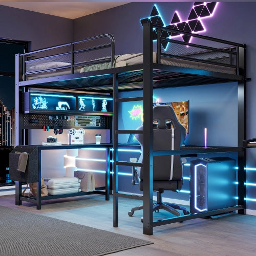 Letto a soppalco con scrivania 140x200 cm LEMONMAX, LED 7 colori, 2 prese e 2 USB, mensole, struttura in metallo, nero