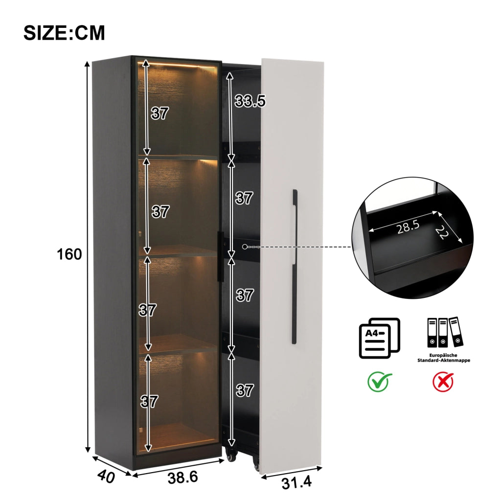 Vetrina 70x40x160 cm con illuminazione LED e ripiano laterale in MDF nero e bianco