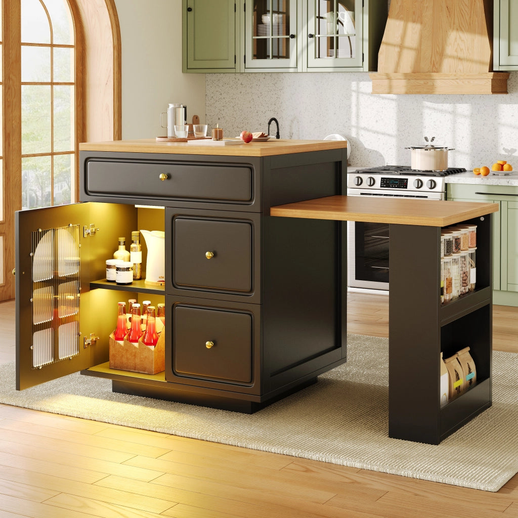 Mobile contenitore da cucina allungabile con 4 cassetti, ripiani e LED RGB, per cucina e sala da pranzo, in MDF, nero