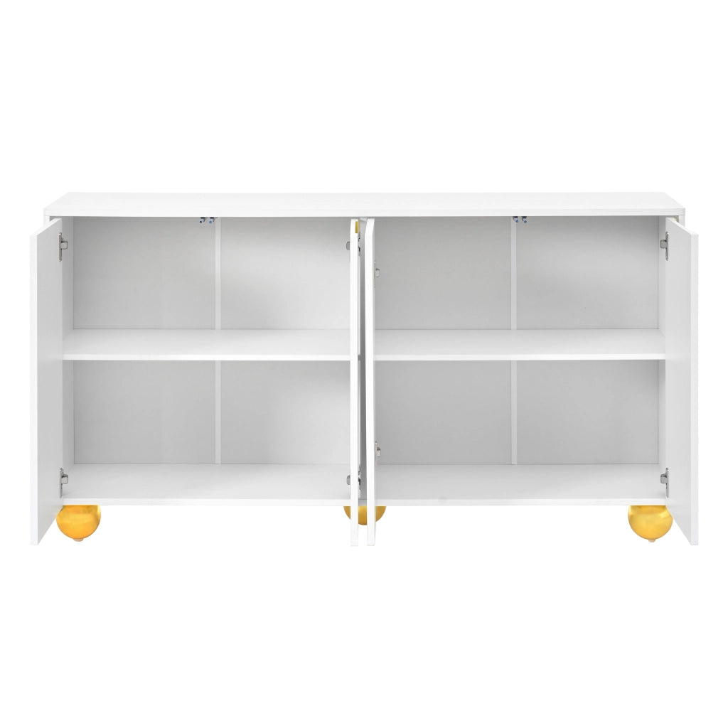 Credenza, mobile contenitore, ante con decorazioni ad arco in filo d’oro, piedini metallici sferici, bianco