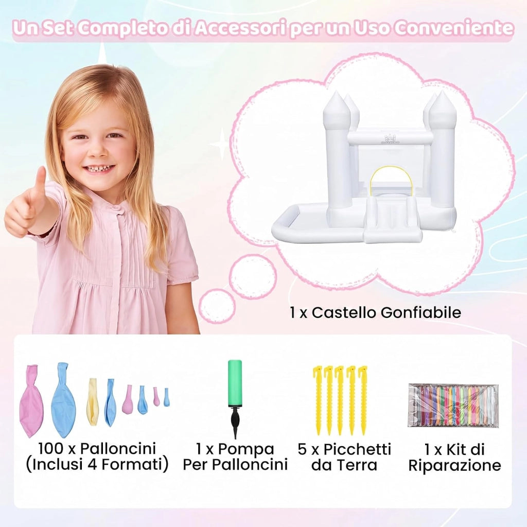 Castello Gonfiabile con Soffiatore, Trampolino, Scivolo, Piscina | Casa Gonfiabile per Interno ed Esterno con Canestro, 100 Palloncini e Borsa, per Bambini 3-12 Anni, 252 x 242 x 191,5 cm