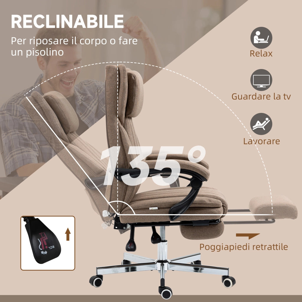 Sedia da Ufficio con Poggiapiedi ¨C Minimal ¨C Marrone, Tessuto Effetto Lino, 65x61x108-118 cm