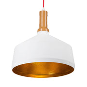 Lampadario Lampada a Sospensione Bianca con dorato e Legno Chiaro Alluminio Paralume Geometrico Rotondo Design Industriale
