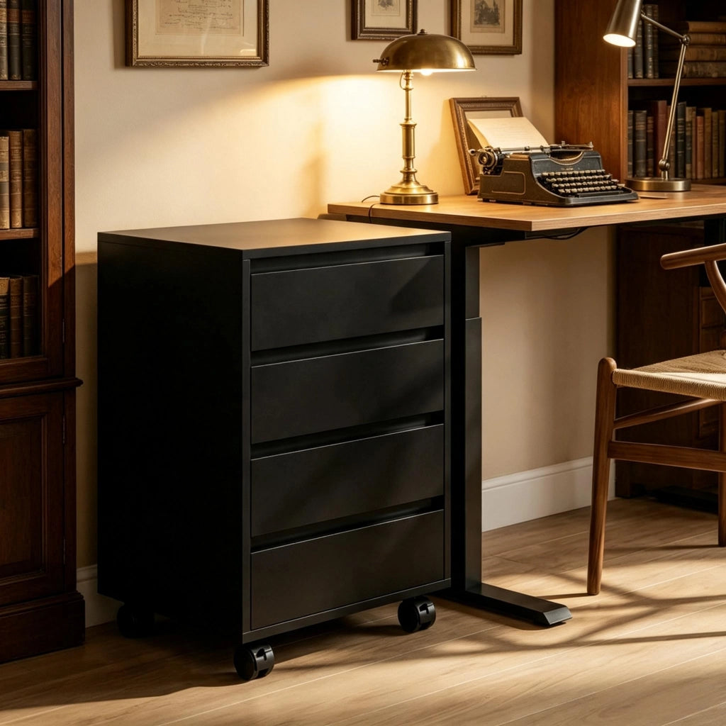 Mobile contenitore da scrivania su ruote, contenitore con ruote e 4 cassetti, contenitore da scrivania con finitura in legno, contenitore ufficio mobi