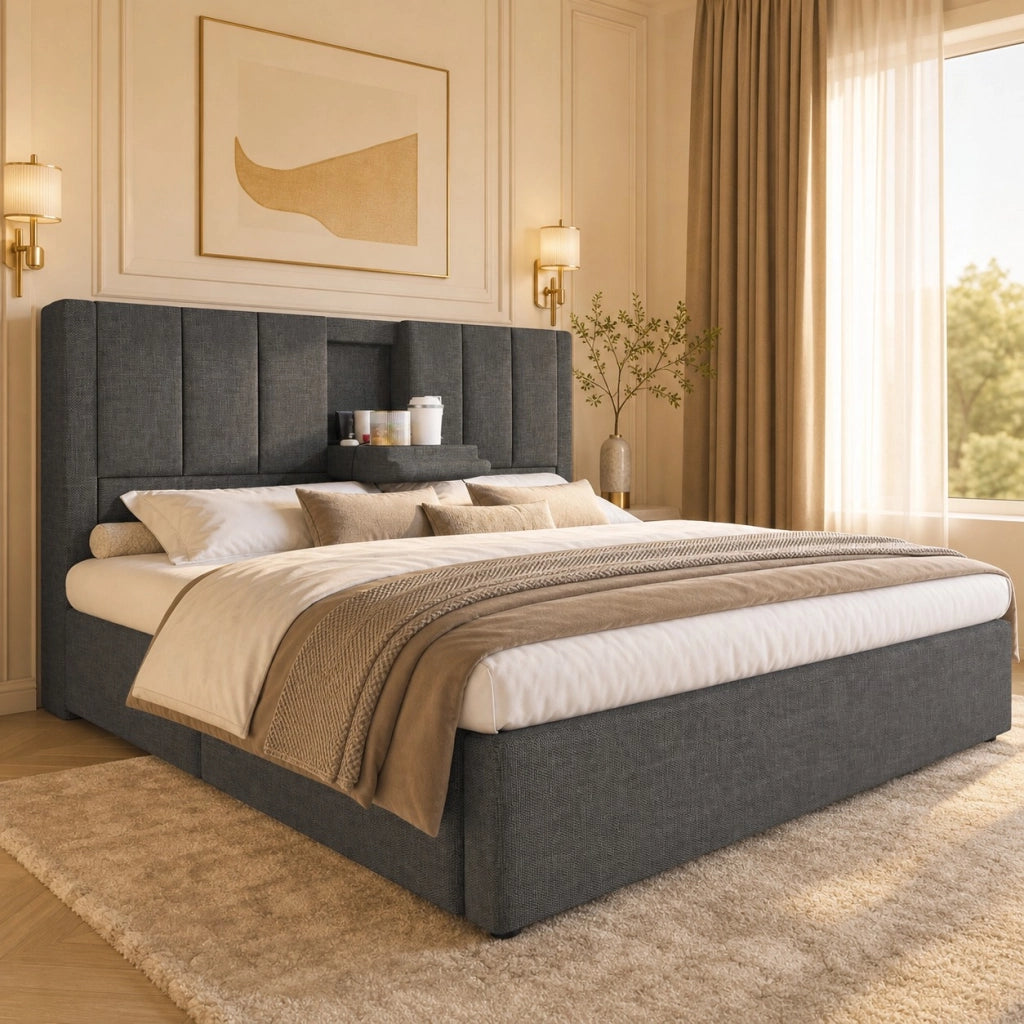 Letto matrimoniale 180x200 cm con contenitore, ricarica USB e portabicchieri integrati