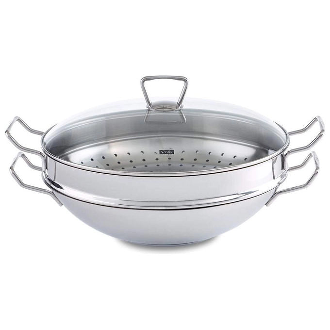 Fissler Padella Wok Nanjing 36 cm con Coperchio in Vetro e Inserto Vaporiera Acciaio Inox