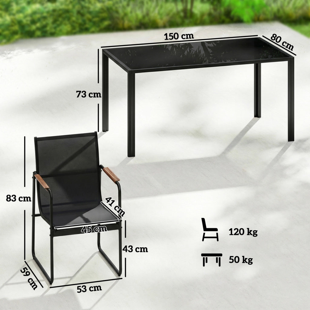 Set Pranzo Giardino 7 Pezzi 6 Persone ¨C Xylo ¨C Tavolo Vetro Sedie Acciaio Nero
