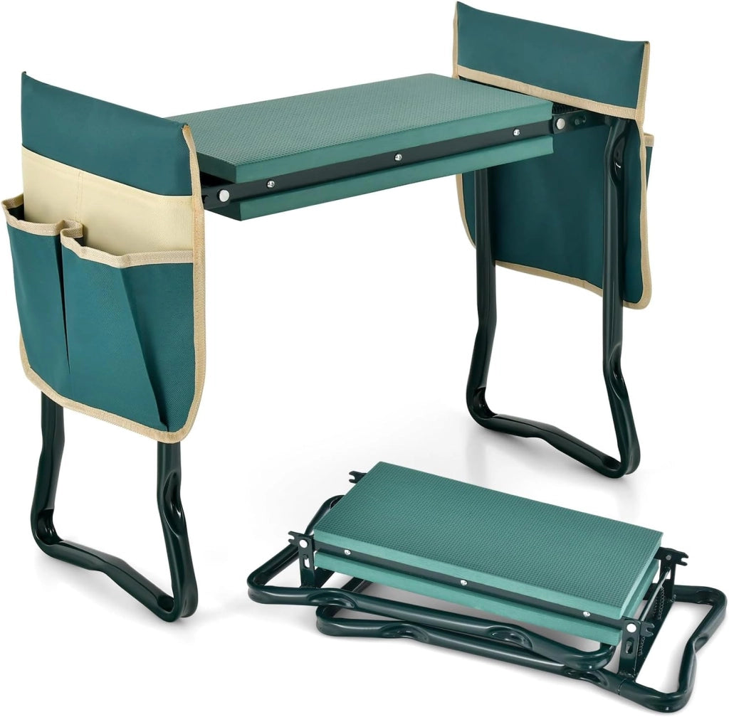 Inginocchiatoio da Giardino 2 in 1, Sgabello da Giardino Portatile e Pieghevole per Inginocchiare e Sedere, Sedile per Giardinaggio con 2 Tasche Porta Attrezzi e Materassino Ampio