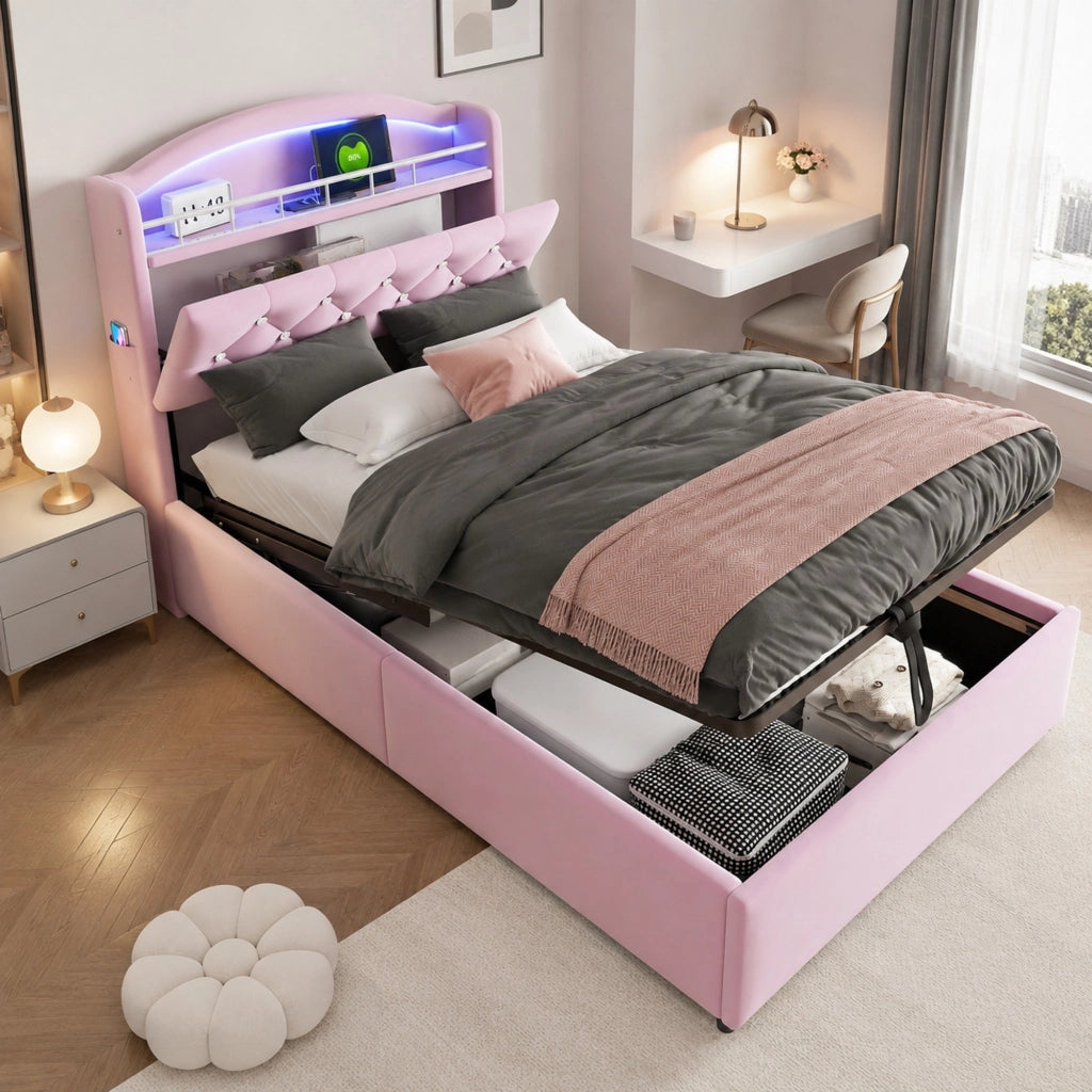LETTO Imbottito per bambini 90x200 cm Rosa con LED e porte USB