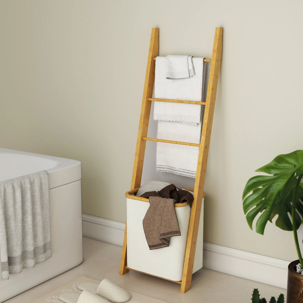 Mobile da Bagno con Cestino ¨C Zephmum ¨C Bamb¨´ 43x35x133 cm Bianco