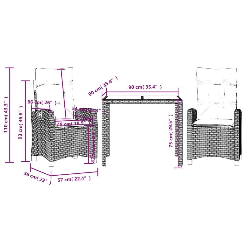 Set da Pranzo da Giardino 3 pz con Cuscini Nero in Polyrattan 3212653
