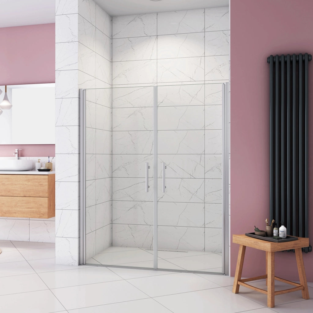 Box Doccia per Nicchia 195 cm Doppia Porta Battente Saloon Vetro Temperato 6 mm Anticalcare Larga 145 cm (70+80: 1418-1458 mm)