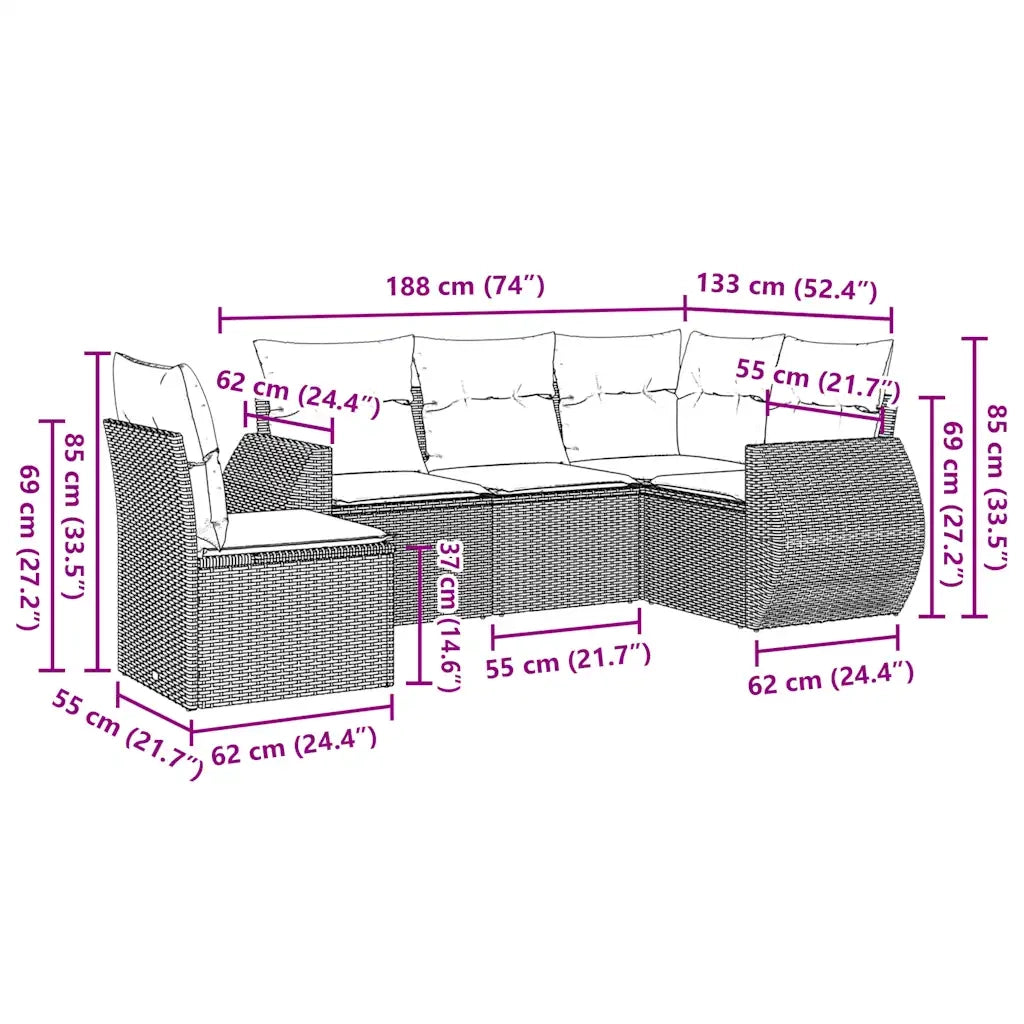 Set Divano da Giardino 5pz con Cuscini Grigio Chiaro Polyrattan