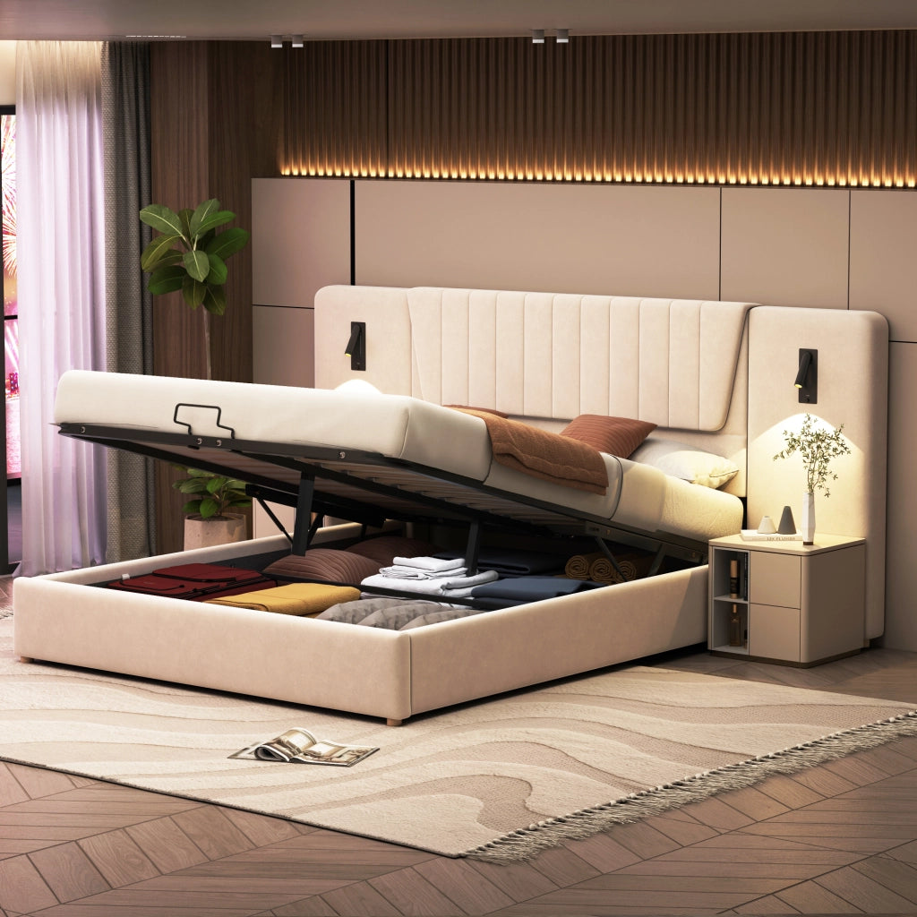 Letto imbottito 180x200cm - Zephmum - Schienale lungo, lampada regolabile, USB, idraulico, velluto, beige