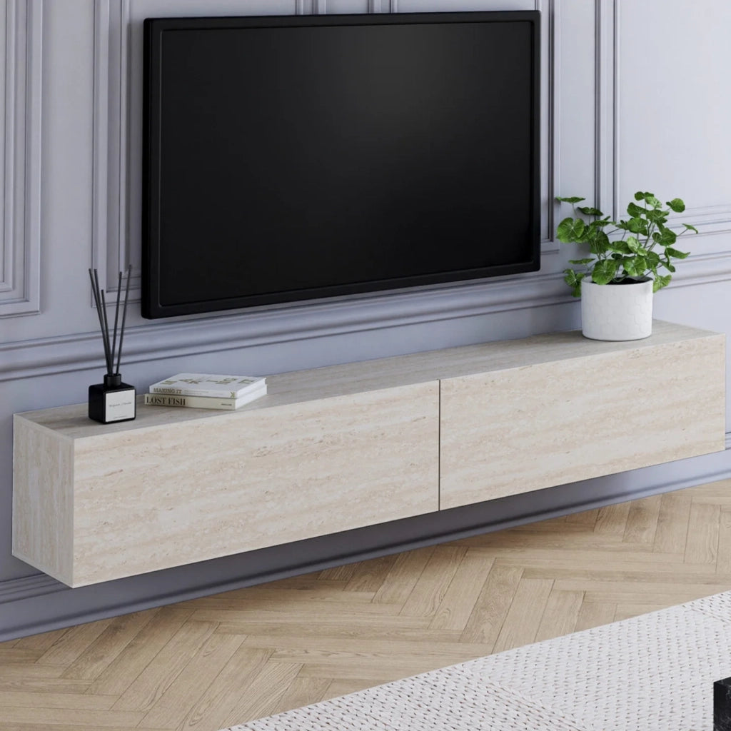 IDMarket - Mobile TV sospeso ELIO 180 cm con 2 ante in legno effetto travertino