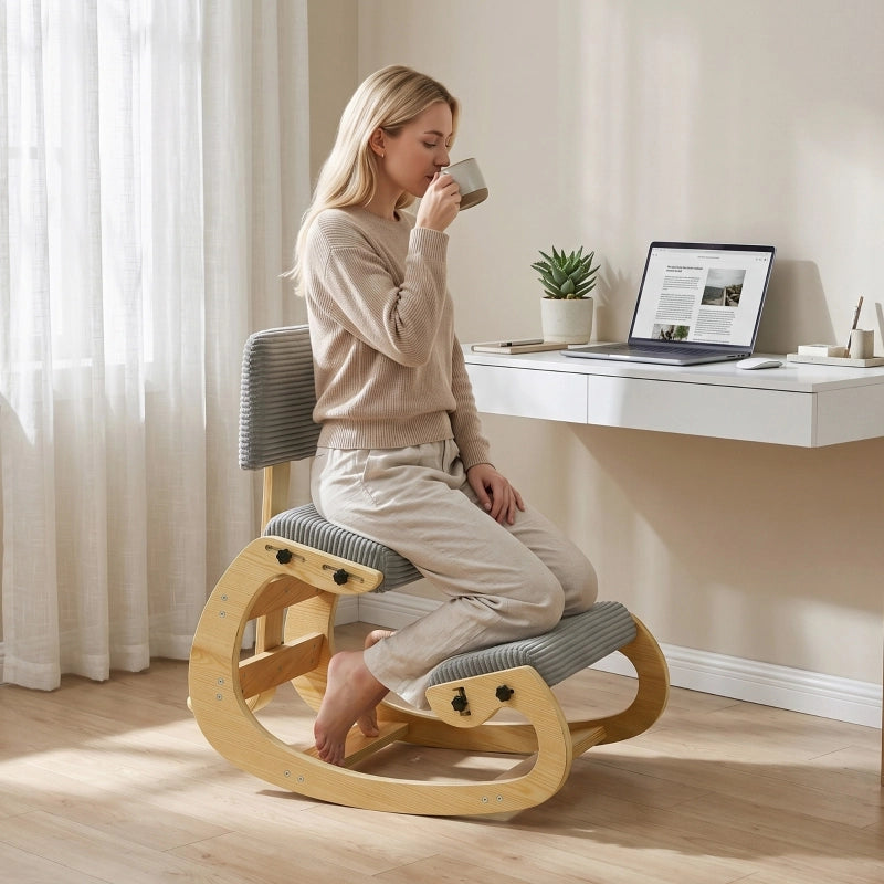 Sedia ergonomica inginocchiata, sgabello inginocchiato con schienale, effetto velluto a coste, sedia da ufficio per casa, ufficio, meditazione,