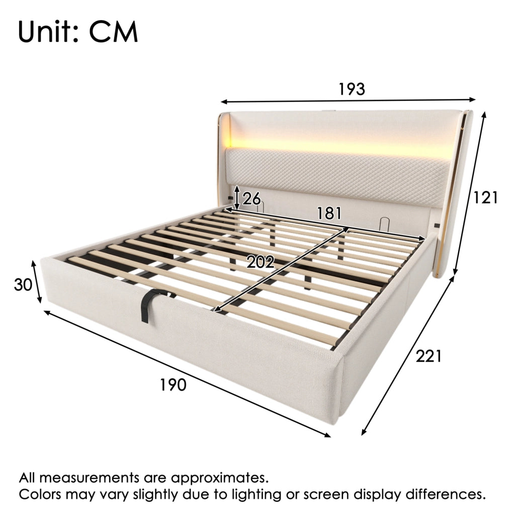 Letto matrimoniale idraulico con testiera alta, LED e porte USB/Type-C