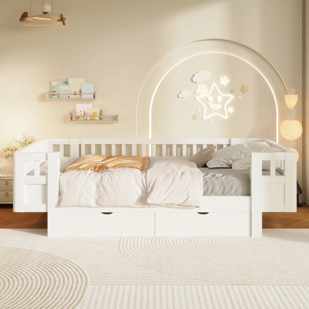 DESMIU Letto per bambini 90 × 200 cm con 2 cassetti e barriera di sicurezza, senza materasso, in legno massello, bianco