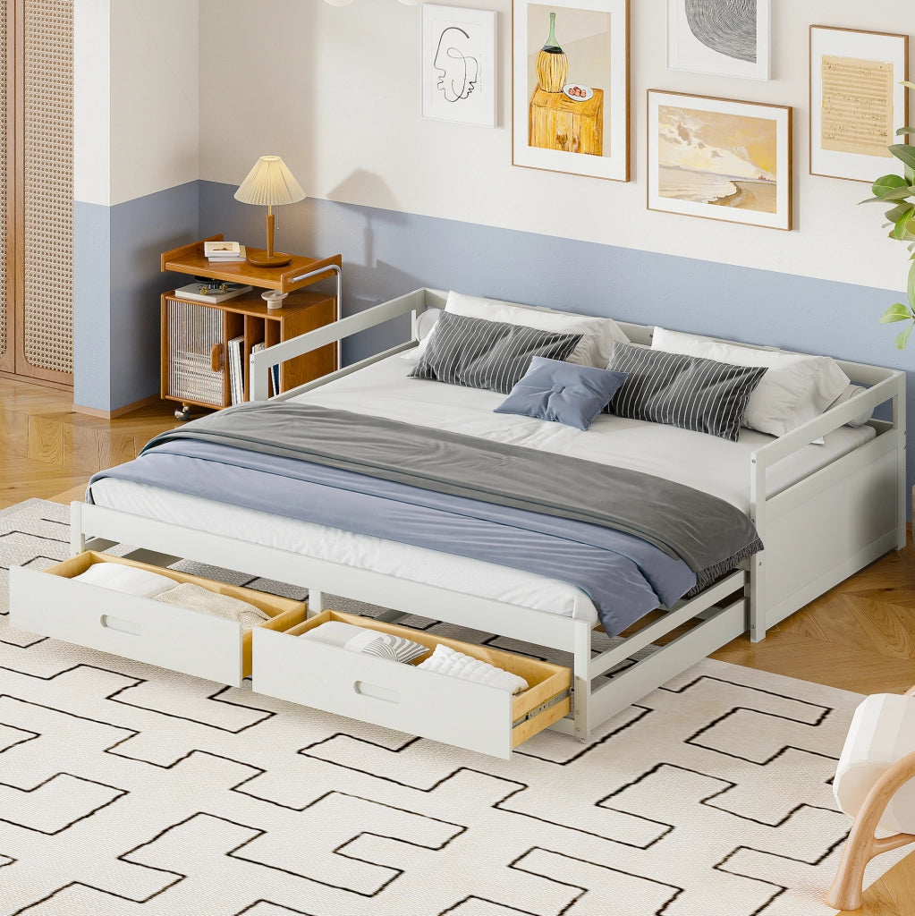 Divano letto estraibile con 2 cassetti, struttura in legno di pino, bianco