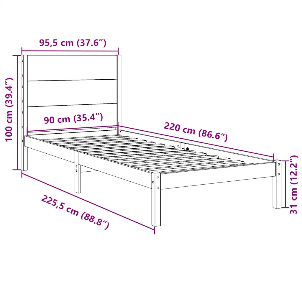 Letto singolo | Letto per adulti | Giroletto Extra Lungo senza Materasso 90x220 cm Legno Massello