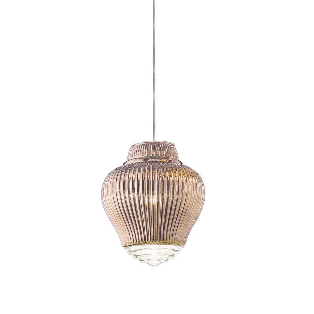 Clyde Lampada a sospensione in vetro soffiato oro rosa con lavorazione rigadin e struttura in metallo grigio, altezza regolabile, design modulare