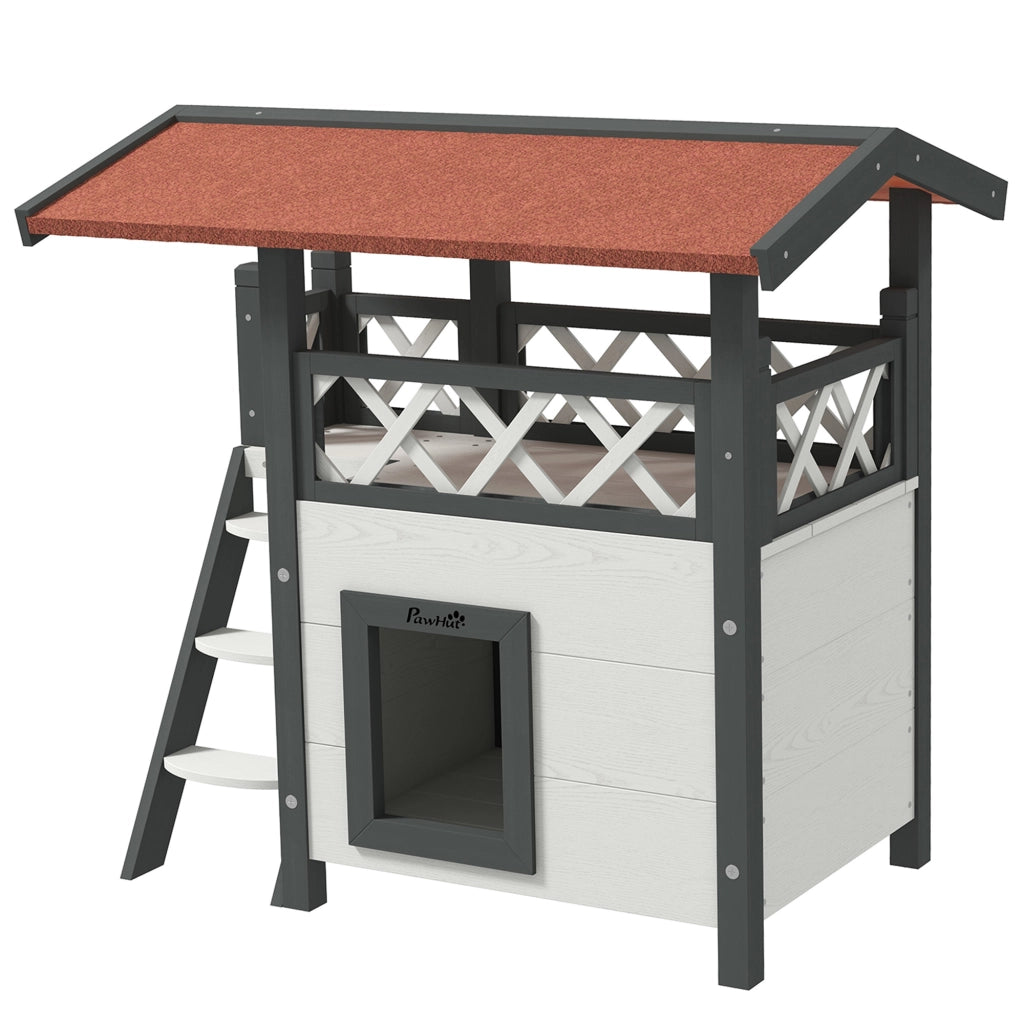 Casetta per Gatti 2 Livelli con Scala e Balcone ¨C Zephmum ¨C Bianco 77x50x73 cm
