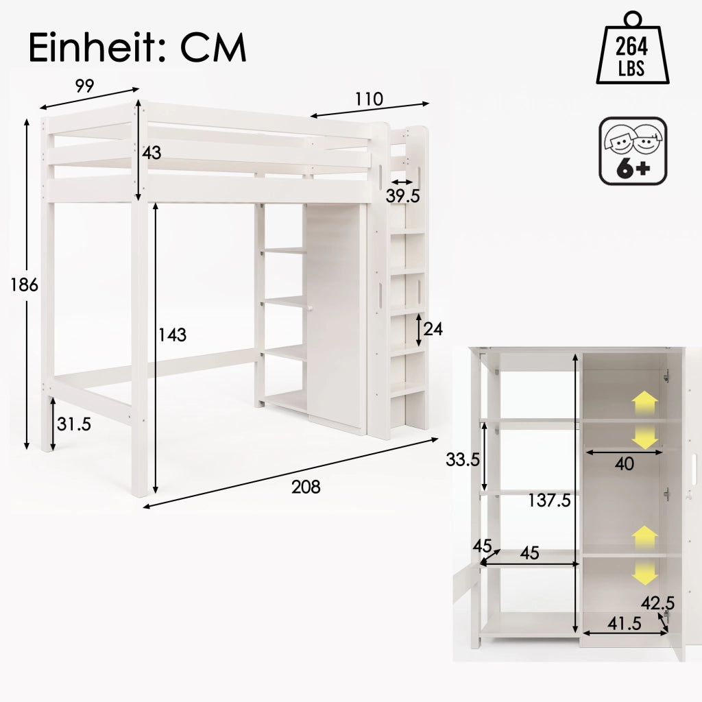 Letto a soppalco per bambini 90x200 cm con armadio e 6 ripiani, bianco