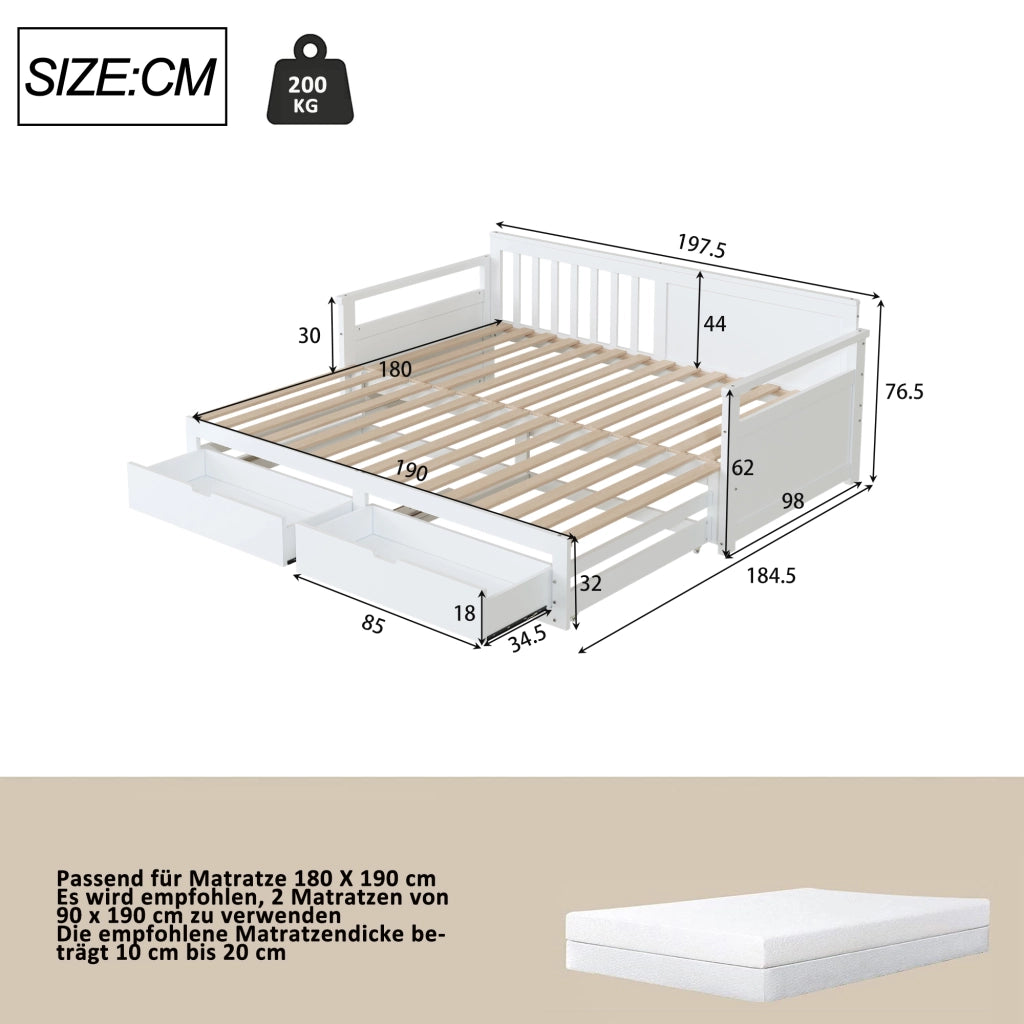 Letto Singolo Estraibile con Cassetti e Rete in Pino ¨C MINIMAL ¨C Bianco 90x190