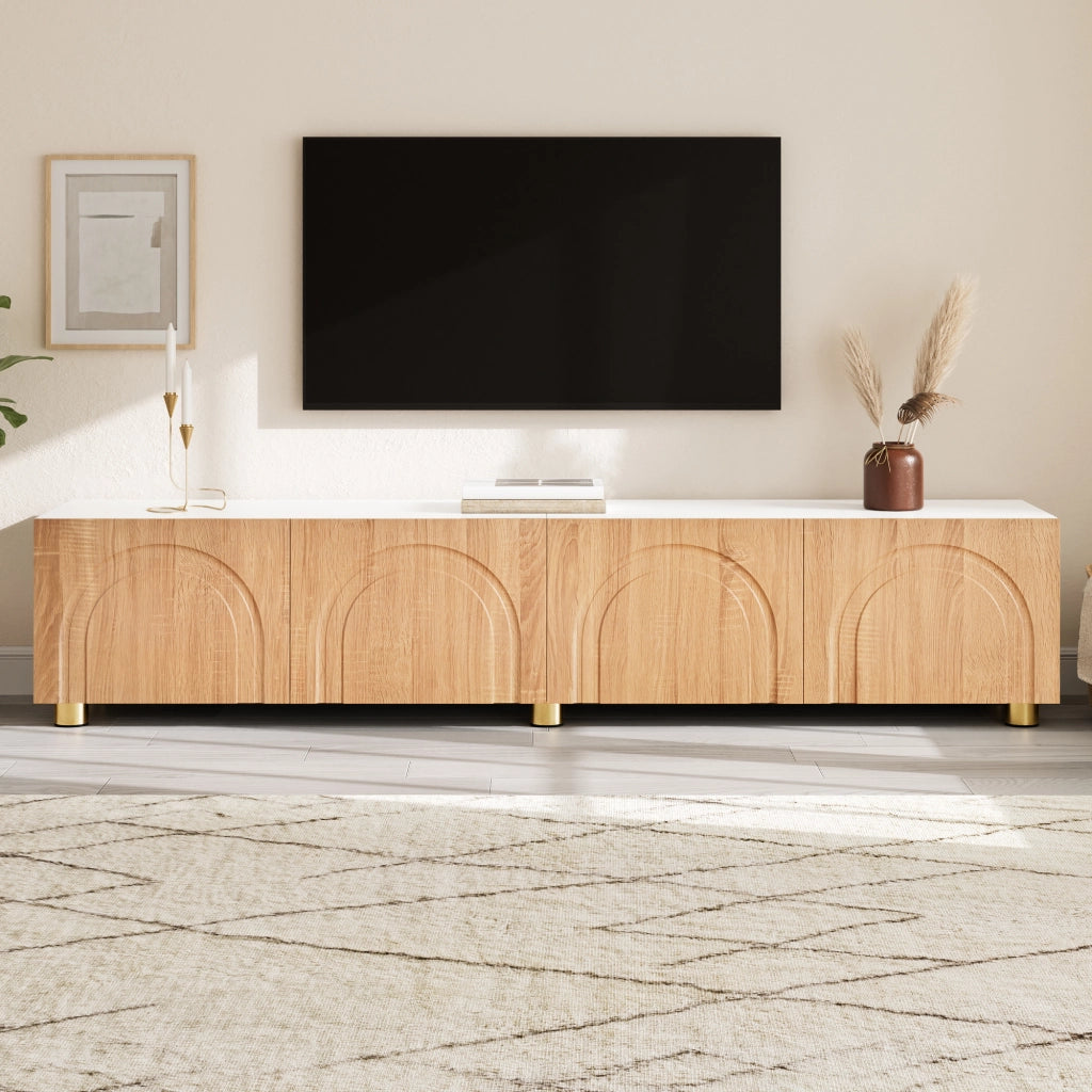 Mobile TV, mobile da ingresso, ante con rilievi curvi, gambe di sostegno in metallo, colore legno naturale