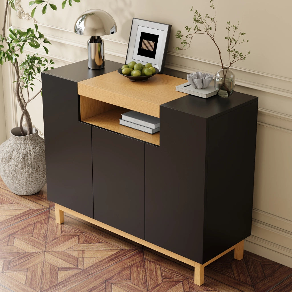 Credenza a 3 ante con nicchia aperta e vani chiusi per soggiorno e sala da pranzo; nera; 120.5 × 42 × 96 cm