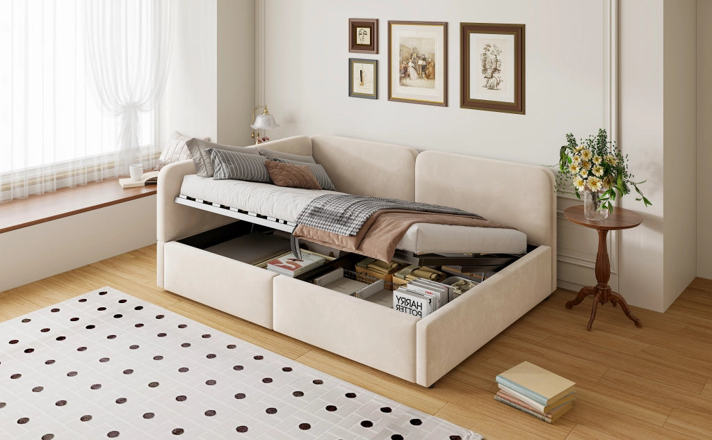 Letto divano contenitore 140 × 200 cm con vano idraulico, testiera reversibile, senza materasso, beige