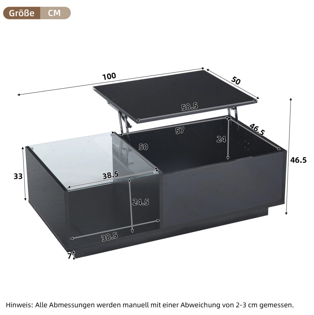 Tavolino da salotto sollevabile con LED APP; piano lucido nero; 100 x 50 x 33 cm in pannello truciolare