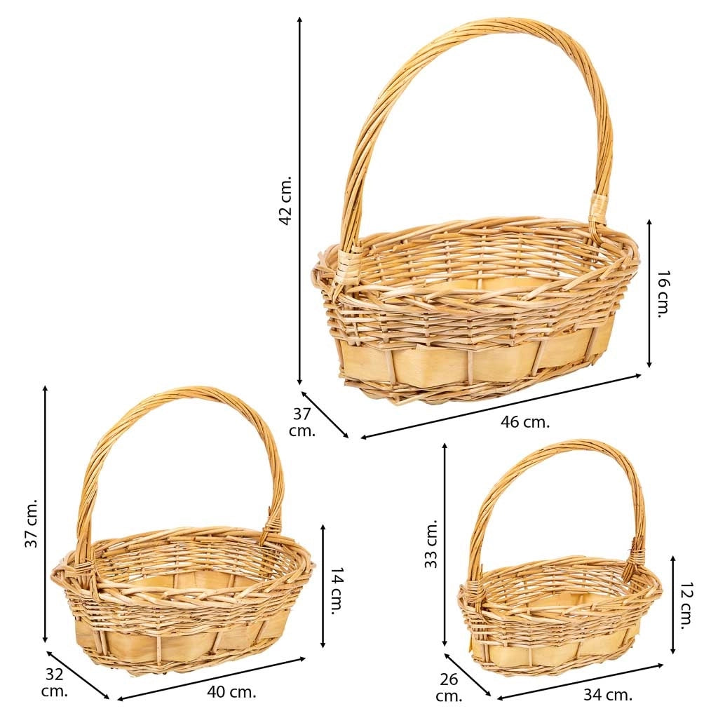 Set di 3 cestini in vimini con manici marroni