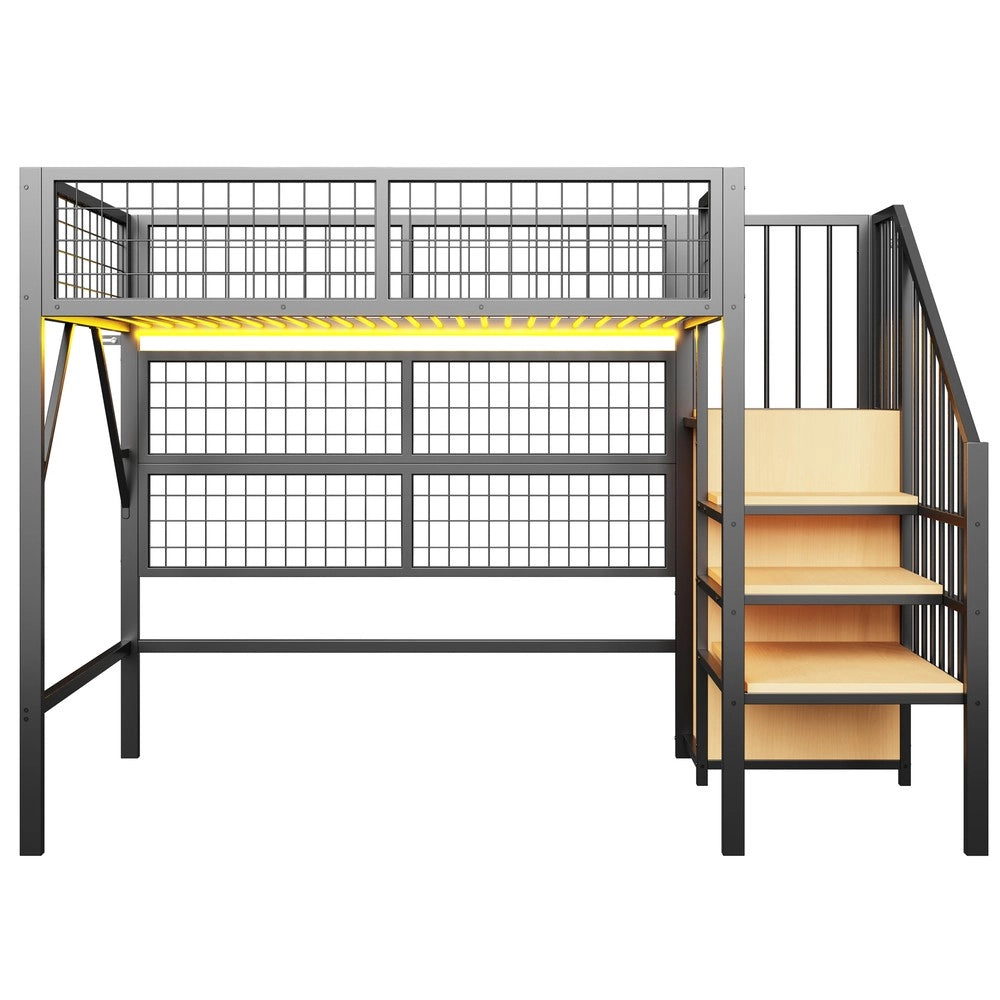 Letto a Soppalco con Scala Contenitore e LED ¨C MINIMAL ¨C Metallo Nero 90x200