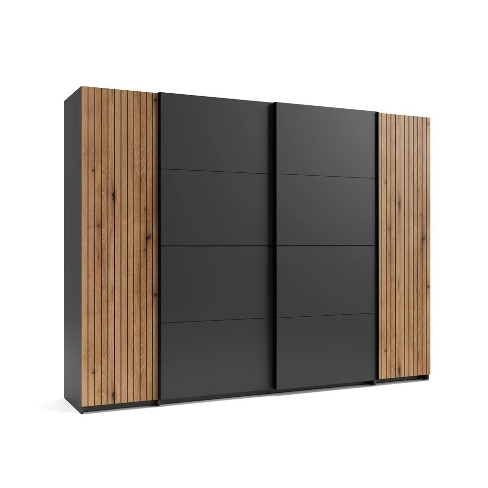 Armadio Esteban624 4 ante con 2 scorrevoli, 2 battenti e dettagli listellati antracite e rovere evoque 270 cm
