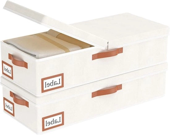 Due pezzi di cassetti di stoccaggio sotto il letto con coperchio e tasca di ripiegamento per coperte e vestiti 60x30x15cm beige