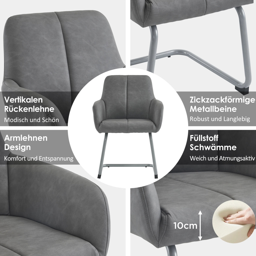 Set di 2 sedie da pranzo con schienale ergonomico; braccioli integrati e seduta imbottita in microfibra grigia