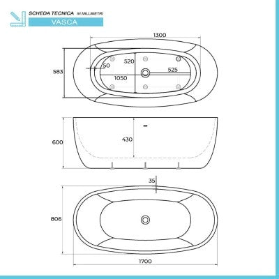 Vasca da bagno freestanding 170x80 per centro stanza modello Betta