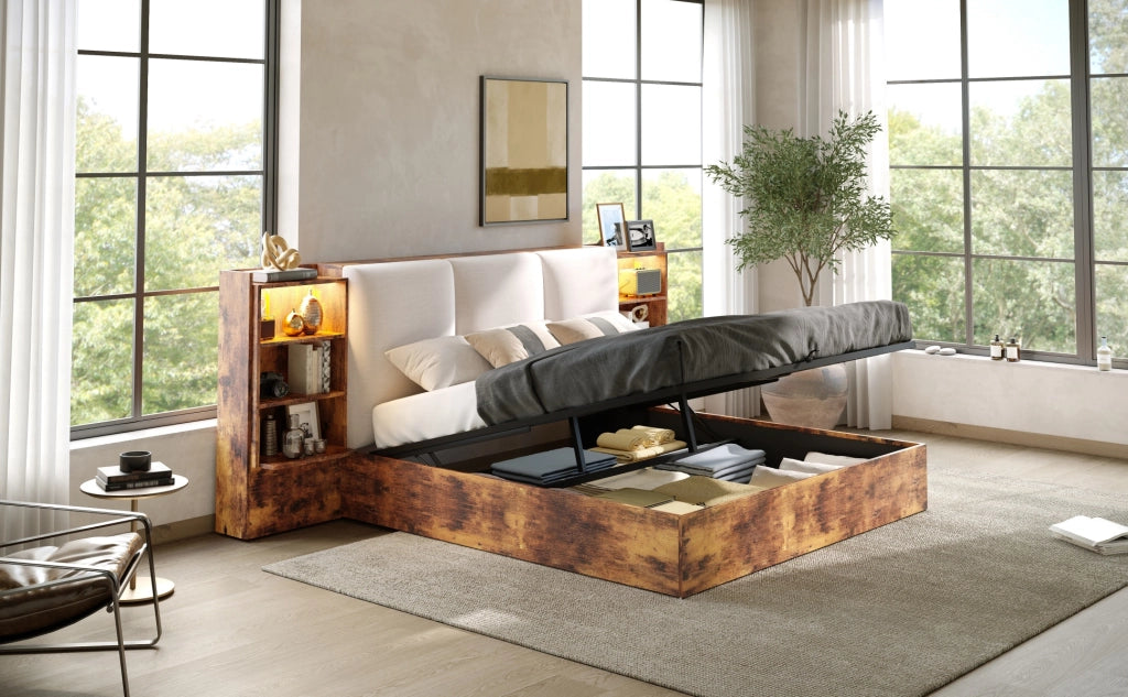 DESMIU Lit coffre 180 × 200 cm 2 posti con LED, 6 vani, testiera imbottita, senza materasso, marrone