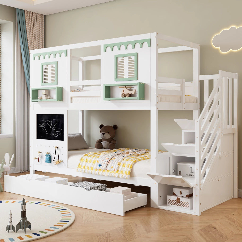 DESMIU Letto a castello bambino 90 × 200 cm con scala contenitore, 2 cassetti, senza materasso, in legno, bianco e verde