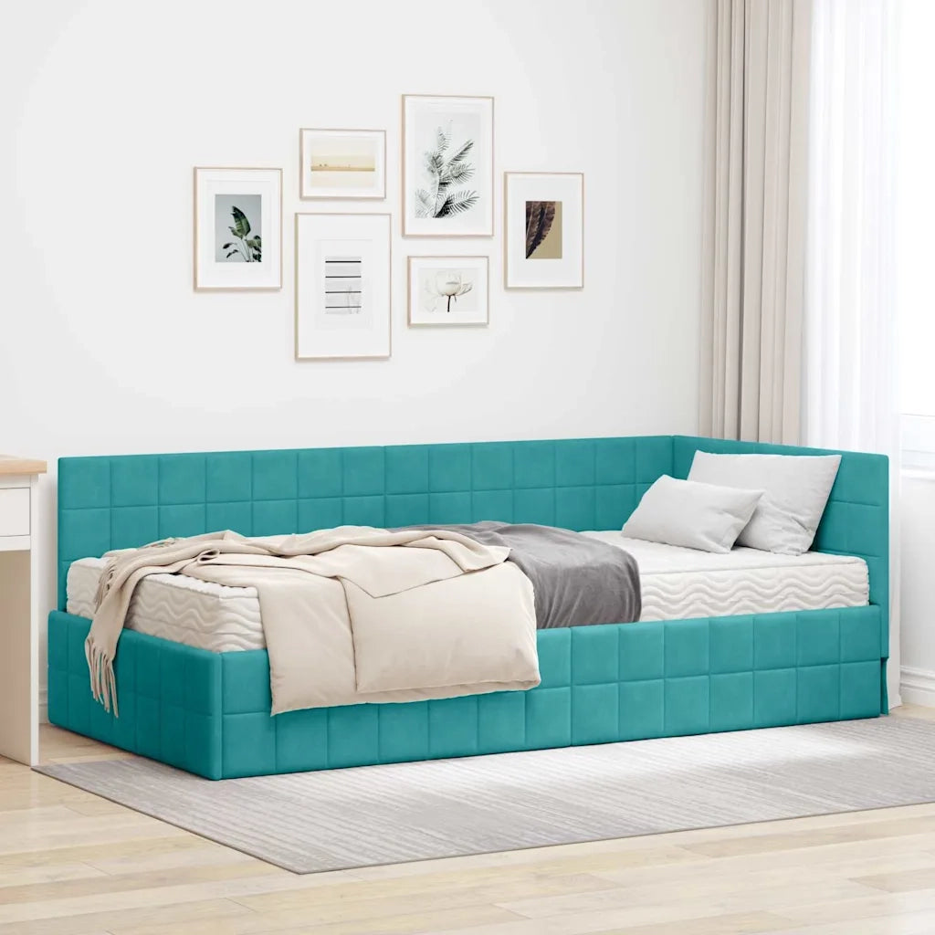 Letto singolo | Letto per adulti | Struttura Letto Angolare con Materasso 2 pcs Turchese Velluto