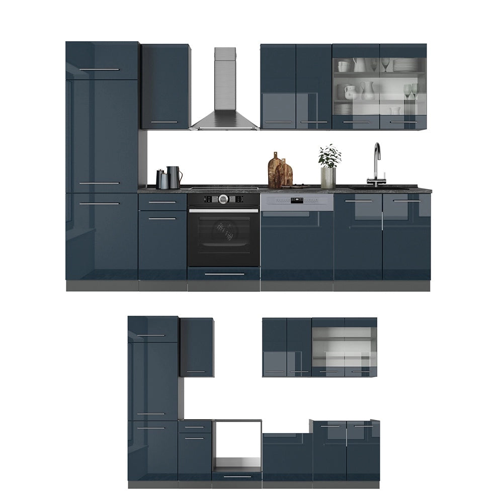 Cucina componibile Fame-Line Blu scuro lucido/Antracite 300 cm, PL Antracite Vicco