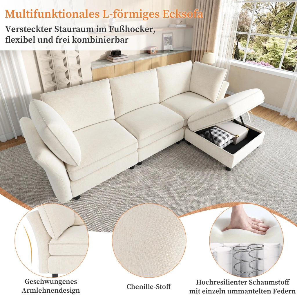 Divano ad angolo modulare 4 posti con pouf contenitore e 2 cuscini, in Chenille, Beige