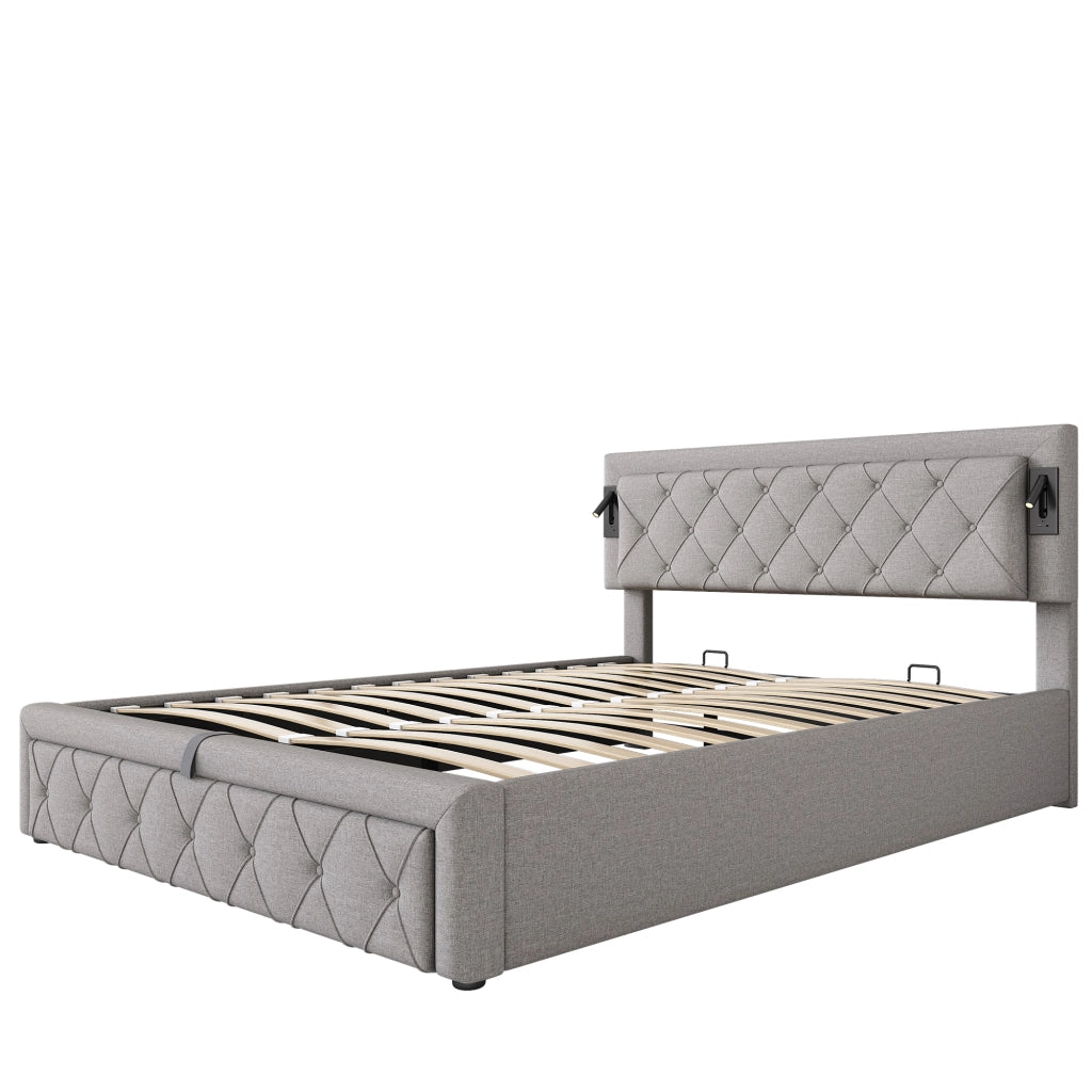 LETTO imbottito 160x200 cm in lino grigio con downlight e porte USB