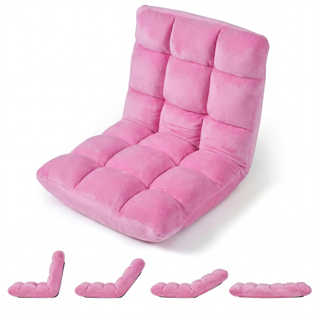 Sedia da pavimento cuscino imbottito da terra con schienale reclinabile a 14 livelli, Poltrona pieghevole per soggiorno camera da letto Rosa scuro