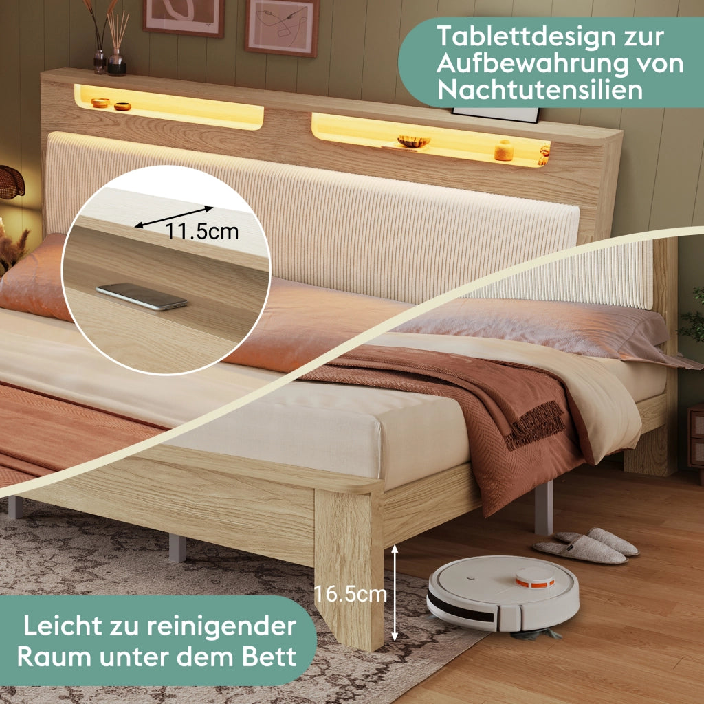Letto in legno con testiera contenitore; LED e schienale in cord beige; quercia chiara; 140x200 cm; materasso incluso